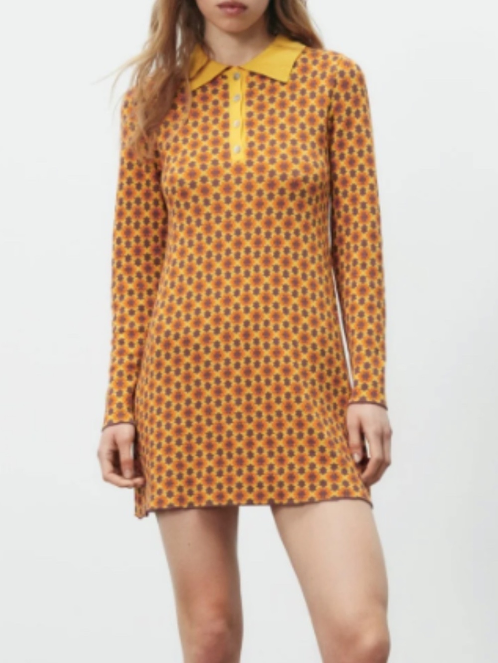 Zara Yellow Brown Floral Jacquard Knit Retro Y2K 70’s Inspired Mini Dress Size L